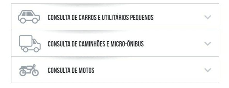 Print da tela do site da Fipe mostrando as categorias de veículo.