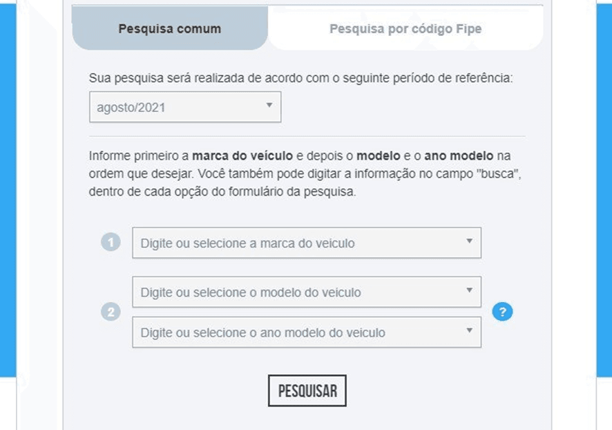 Print da tela do site da Fipe mostrando onde inserir as informações do veículo.