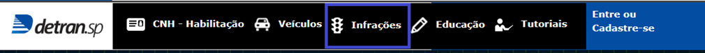 Print mostrando onde encontrar a aba de "infrações" no menu superior do site do Detran SP.