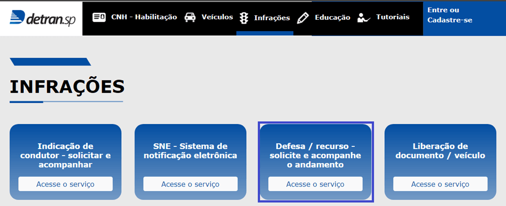 Print mostrando onde acessar o serviço de acompanhamento de recurso no site do Detran SP.