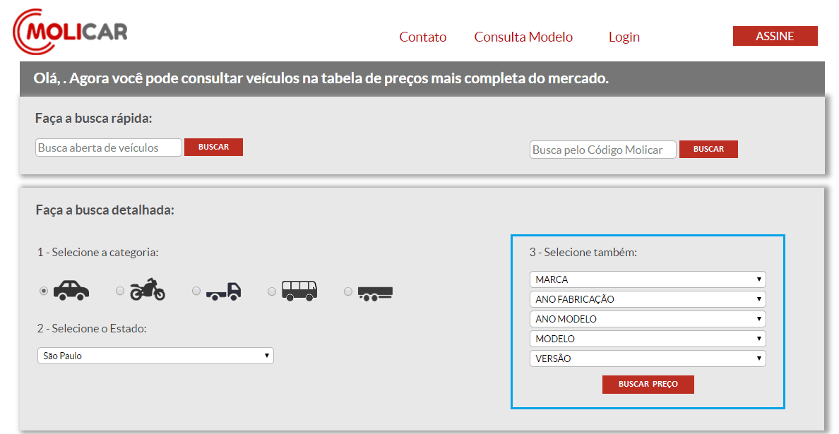 Print da tela do site da Tabela Molicar mostrando onde escolher marca, ano de fabricação, ano do modelo, modelo e versão.