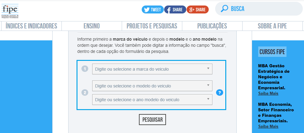 Print da tela do site da Tabela Fipe mostrando onde escolher a marca, modelo e ano.