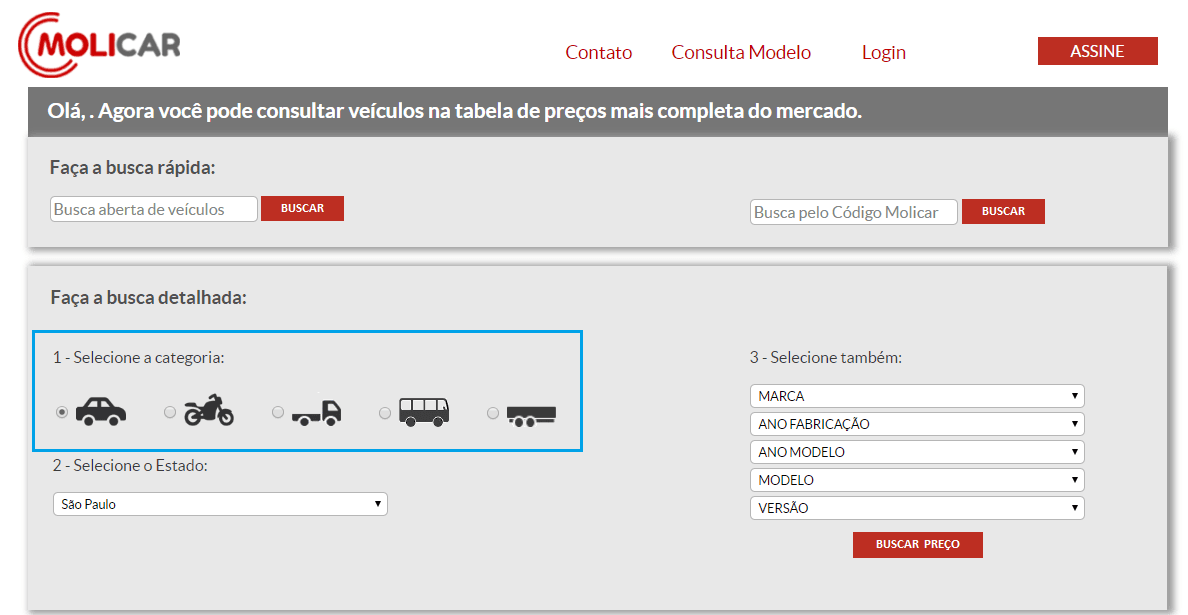 Print da tela do site da Tabela Molicar mostrando onde escolher o tipo de veículo.