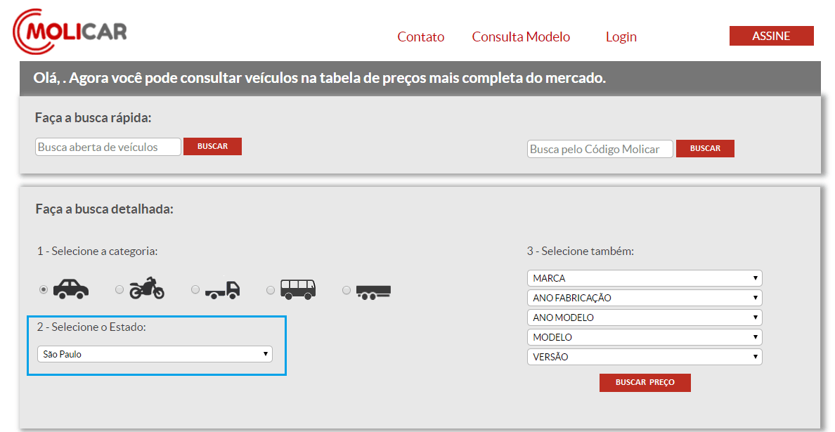 Print da tela do site da Tabela Molicar mostrando onde escolher a região de consulta.