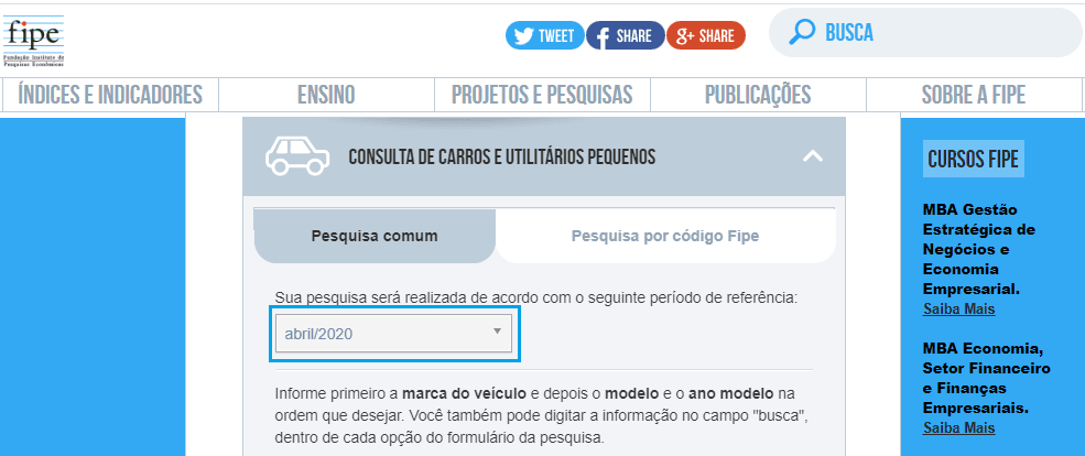 Print da tela do site da Tabela Fipe mostrando onde escolher o ano de referência.