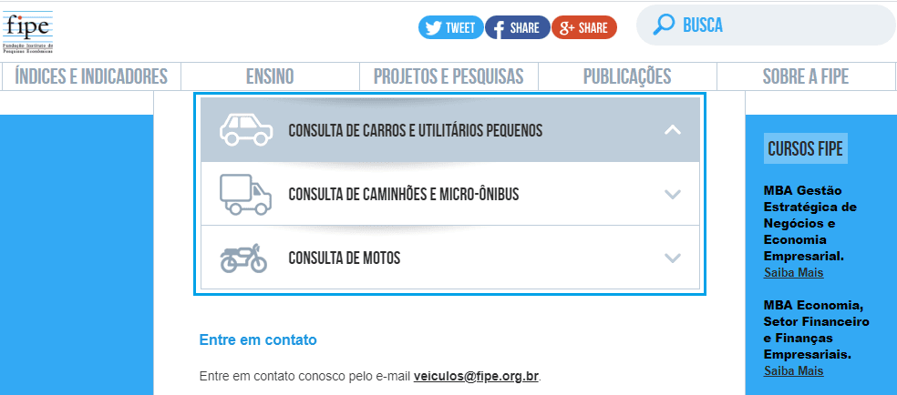 Print da tela do site da Tabela Fipe mostrando onde escolher o tipo de veículo.