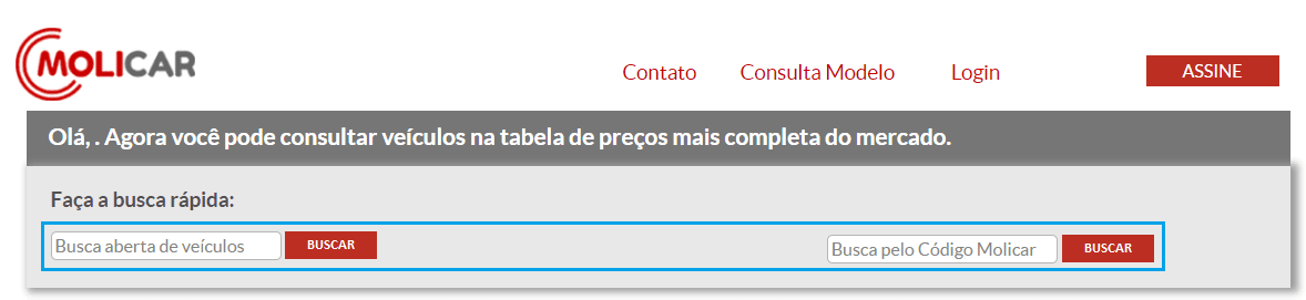 Print da tela do site da Tabela Molicar mostrando onde inserir o modelo do veículo o código Molicar.